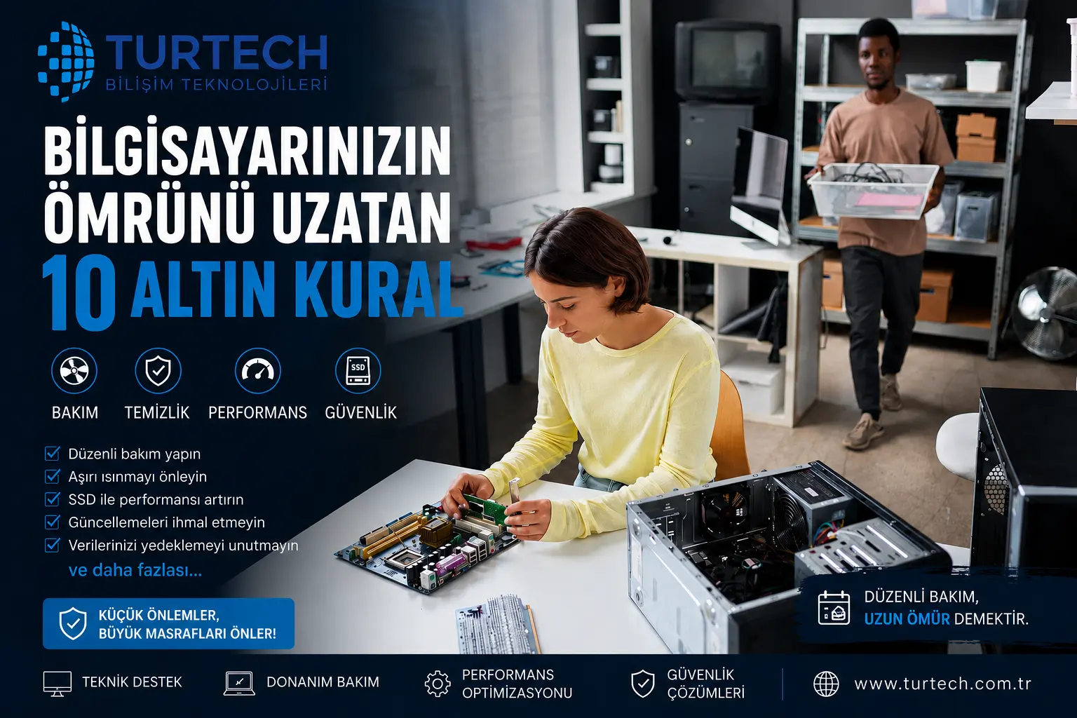 Bilgisayar ömrünü uzatmak için bakım yapan teknik servis uzmanı