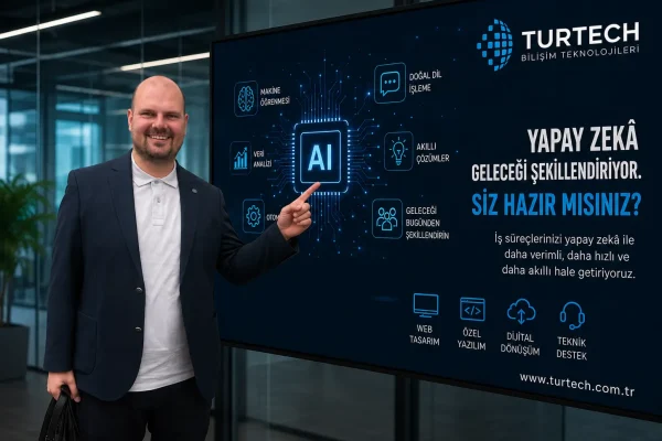 yapay-zeka-isletmelere-ne-kazandirir Yapay zekâ teknolojilerini kullanarak iş süreçlerini yöneten kurumsal ofis çalışanları