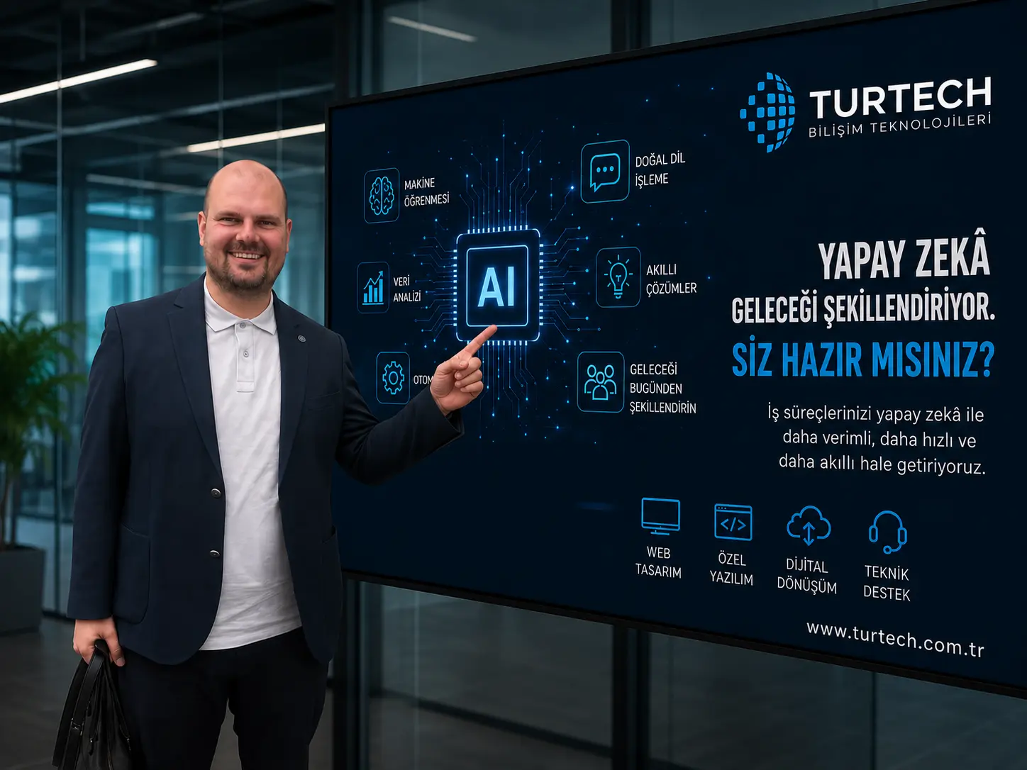 Yapay zekâ teknolojilerini kullanarak iş süreçlerini yöneten kurumsal ofis çalışanları